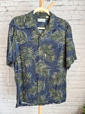 Caribbean Men's Blue Tropical Leaf Short-Sleeve Button Shirt